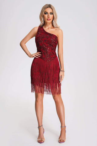 Yelitza One Shoulder Tassel Sequin Dress (M / Red)