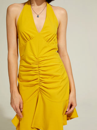 Yellow Ruched Halter Dress