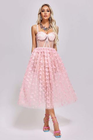 Yurianna Butterfly Mesh Midi Dress (S / Pink)