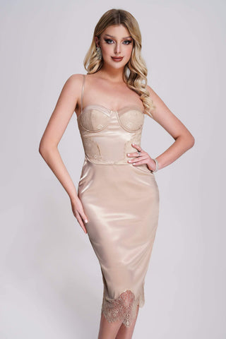 Yuyo Satin Lace Mini Dress (M / Beige)