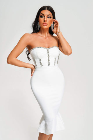 Zandra Strapless Diamante Midi Bandage Dress (S / White)