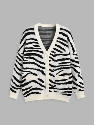 Zebra Print V-neck Pocket Knitted Cardigan Curve & Plus