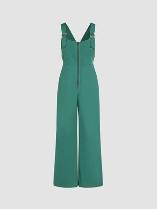 Zip Up Square Neck Wide Leg Jumpsuit (S / Green)