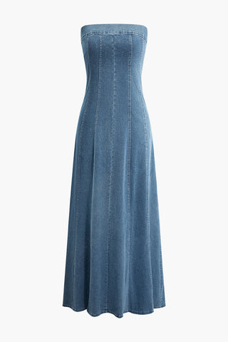 Zipper Pleated Slit Denim Strapless Maxi Dress (L / LIGHT WASH BLUE)